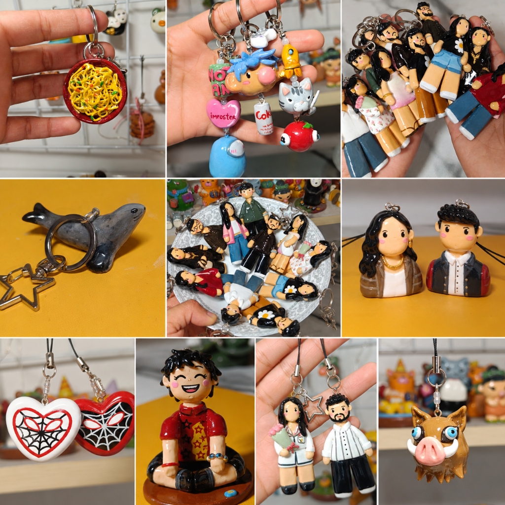 Handmade Claymigo Clay Figurines and Keychains Collage